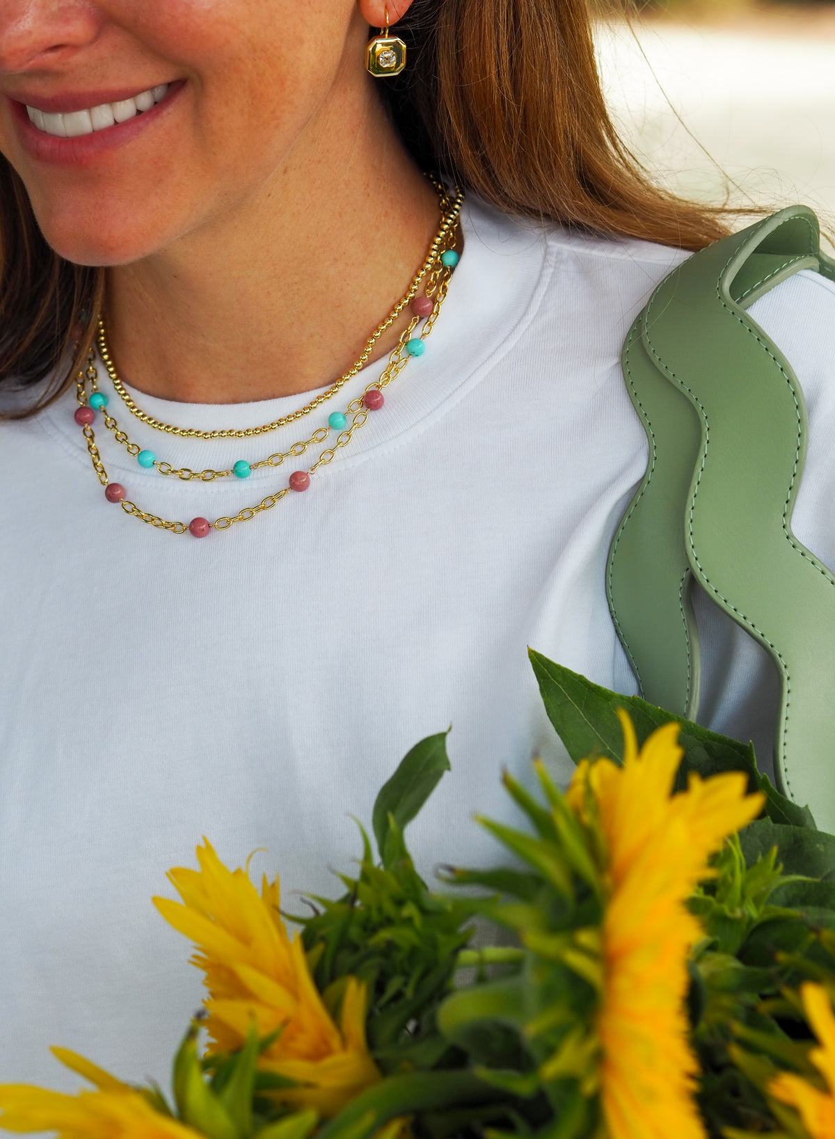rhodochrosite and turquoise thick cable chain